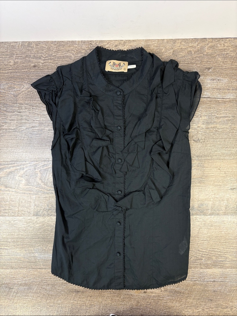 Juicy Couture Y2K Black Ruffle Cotton Blouse Top Size 6